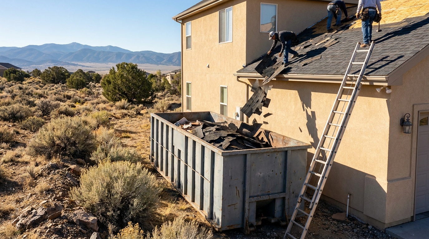 Roofing dumpster during a tear-off in Sun Valley